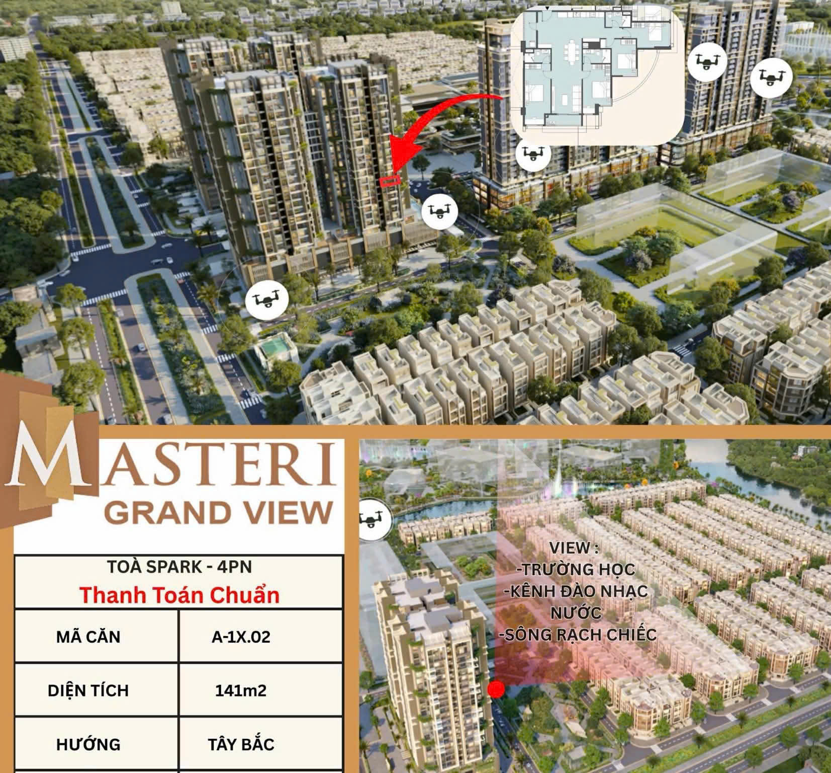 Chuyển nhượng căn hộ Masteri Grand View, Tp Thủ Đức thiết kế 4 phòng ngủ vị trí lầu 11 – 141m2